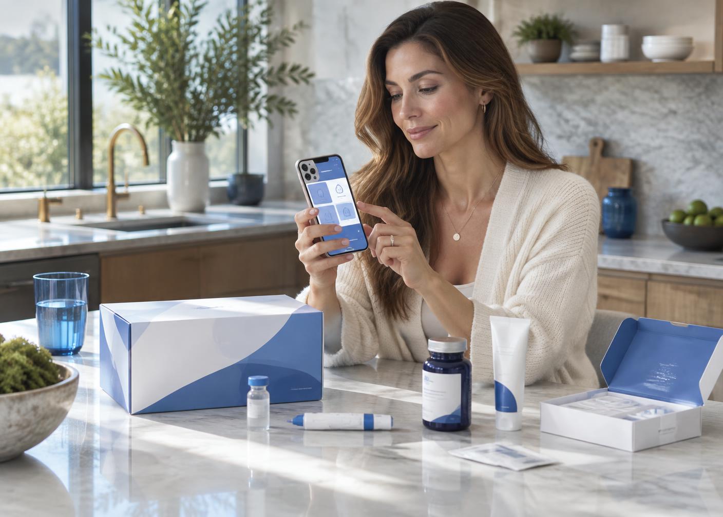 AventraMD member using the app beside a coordinated treatment bundle